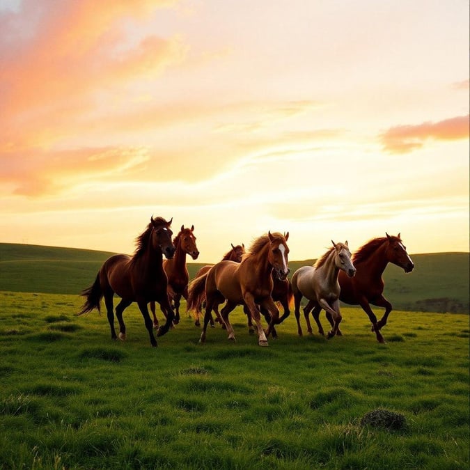 This image depicts a group of horse riders galloping in an open field as the sun sets, creating a picturesque scene that's both adventurous and tranquil.