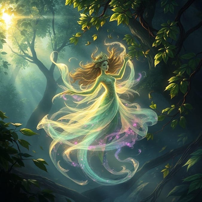 This beautiful fantasy character is surrounded by the magic of nature in this enchanting forest scene.