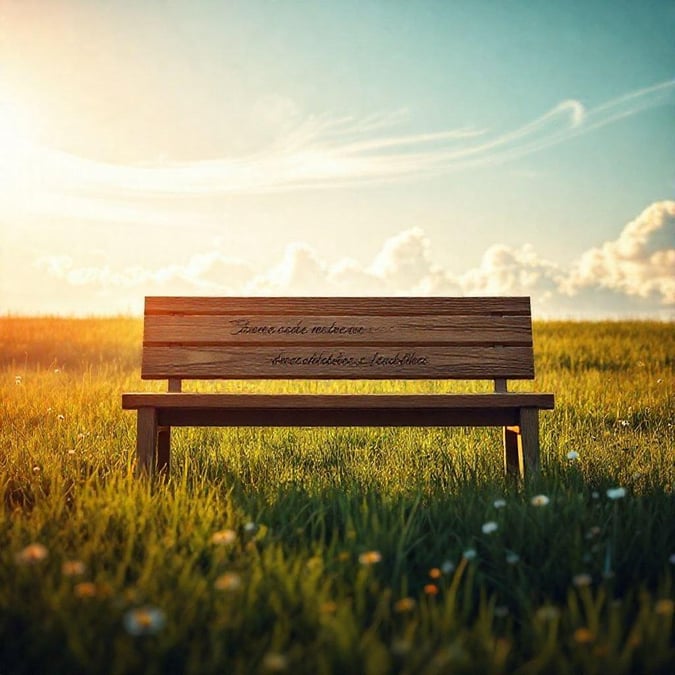 This serene outdoor setting features a simple, rustic wooden bench with an inspirational quote inscribed on the back. It's set against a vibrant blue sky and lush green field, evoking a sense of tranquility and reflection.