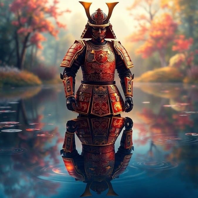 Este papel de parede apresenta uma impressionante ilustração da armadura de um samurai refletida em um lago sereno, exibindo padrões intrincados e cores vibrantes. O foco está na armadura do samurai, com um fundo desfocado, destacando seu design detalhado. A ilustração captura um momento de tranquilidade, concentrando-se na pose imponente do samurai e na atmosfera misteriosa do lago.