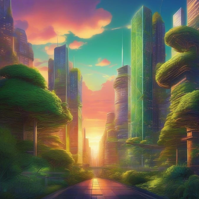 A stunning, futuristic cityscape at sundown. Towering skyscrapers blanketed with lush moss in a vibrant neon green hue. The sky's warm glow from the setting sun filters through the treetops and onto the scene below.