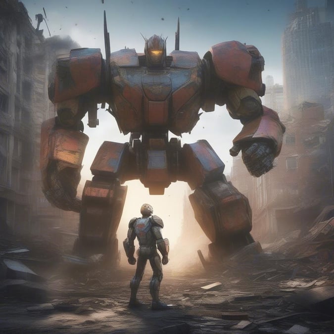 In a dystopian future, a lone robot confronts an intimidating giant robot. Will they meet as friends or foes?