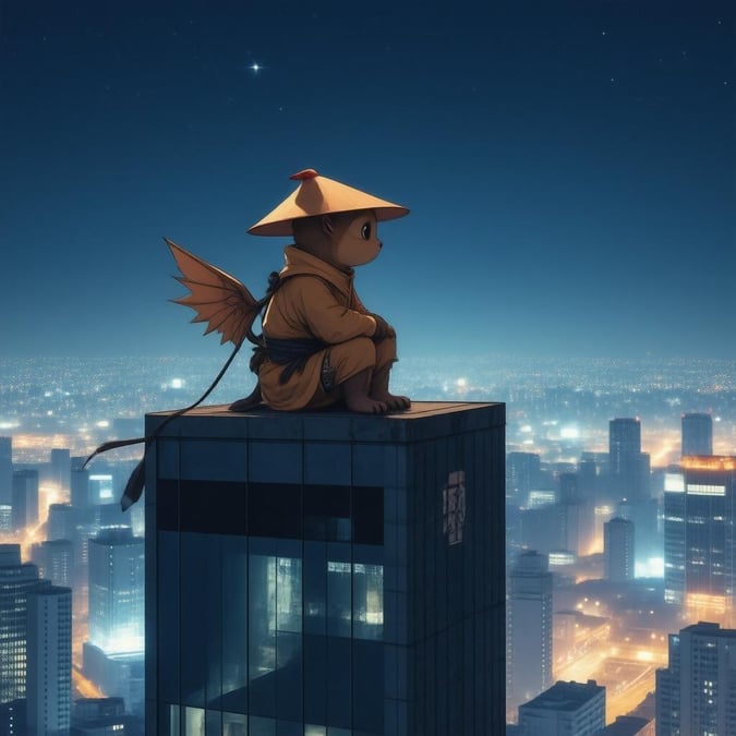 This anime-style wallpaper features a lone ninja sitting on top of a skyscraper, gazing out over the city. The ninja is dressed in a tan color and wears a white hat with a red hat on it. The building is in the middle of the frame, with a large glass window to the right of it. The night sky is dark blue, with a few stars visible. The ninja is perched on the edge of the skyscraper, its wings spread out and angled to the left. The bottom of the frame shows a low-angle view of the city skyline.