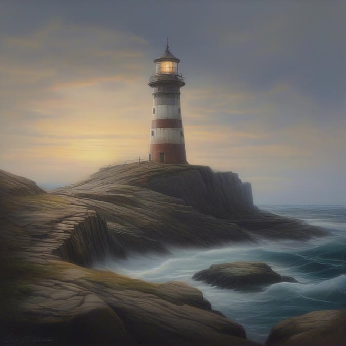 A serene coastal scene featuring a classic lighthouse overlooking the ocean as day transitions to night.