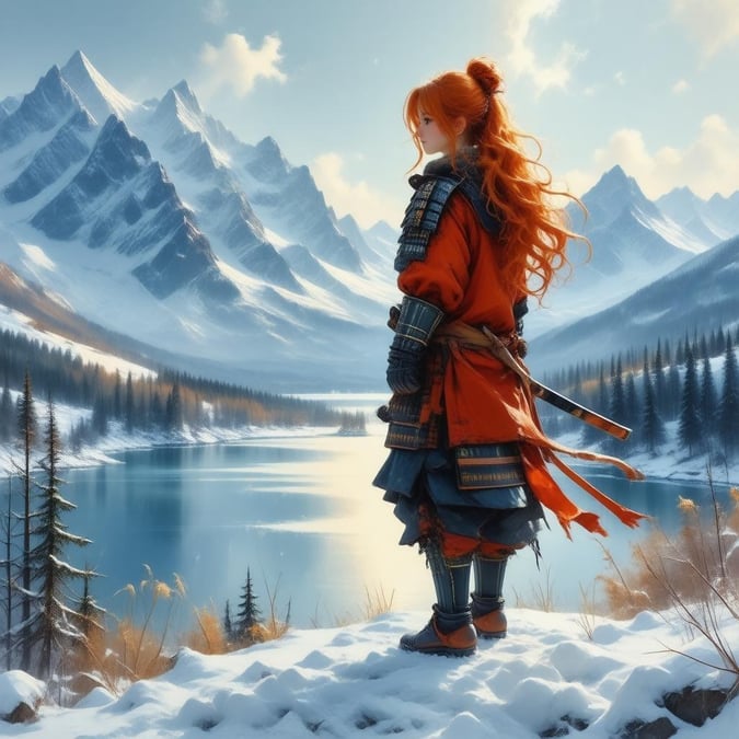 Immerse yourself in the serene beauty of a young samurai warrior standing on a snowy mountain peak, with her vibrant orange hair contrasting the white snow. The frozen lake below adds to the tranquil atmosphere, while the intricate details of the samurai and the surrounding nature create an enchanting, fantasy-like scene.