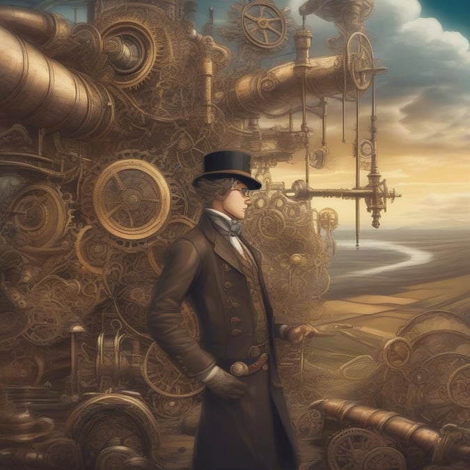 Cette image présente une scène inspirée du steampunk, avec un homme portant un haut-de-forme et un long manteau se tenant devant une grande machine complexe. La machine témoigne de l'ingéniosité et du savoir-faire de l'inventeur, avec son réseau complexe d'engrenages, de tuyaux et d'autres composants mécaniques.