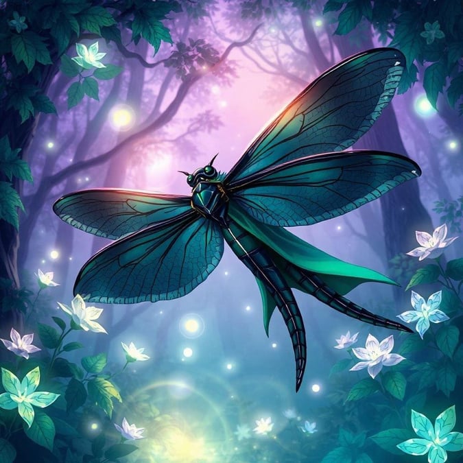 A majestic anime-style illustration of a dragonfly cloaked in vibrant green with black wings. It exudes an aura of power and mystery, making it a captivating and detailed piece focusing on the dragonfly's striking presence.