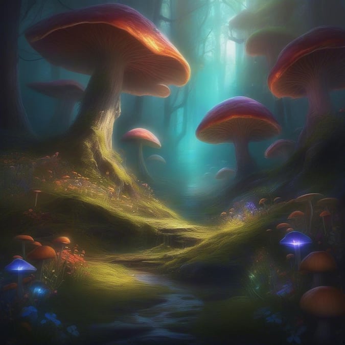 Embark on an ethereal journey through a mystical forest filled with radiant mushrooms. The trail beckons, inviting adventurers to discover what lies beyond the veil of mist.