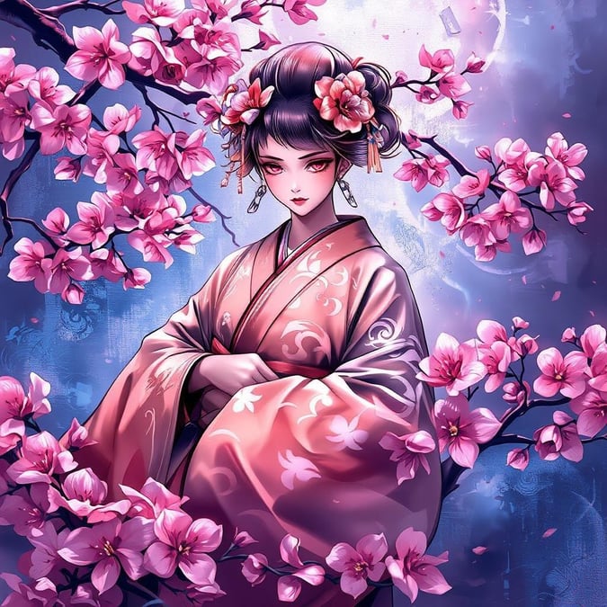 Uma ilustração de anime de uma delicada geisha flutuando acima de um exuberante jardim de flores de cerejeira. O personagem central, com seus padrões intrincados e vibrante quimono rosa, adiciona um toque caprichoso a esta cena serena e harmoniosa. O fundo azul profundo complementa o tema floral rosa, criando uma atmosfera de tranquilidade.