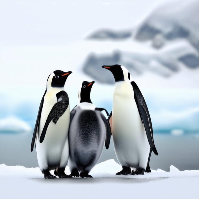 A heartwarming moment among penguins, with the snowy ocean backdrop adding a touch of tranquility.