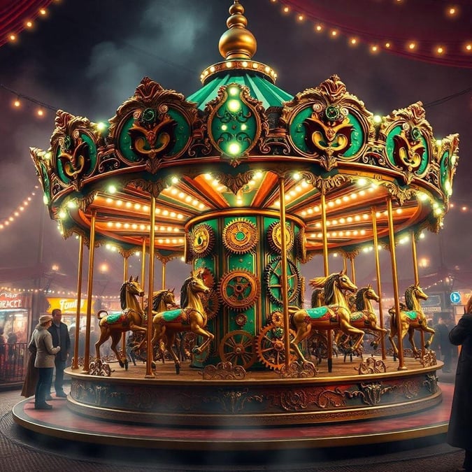 Enjoy the sights and sounds of a vibrant carnival night, where the colorful merry-go-round stands as a symbol of fun and excitement. The blurred lights and foggy atmosphere add to the festive ambiance, capturing the lively spirit of an amusement fair under the dark sky.