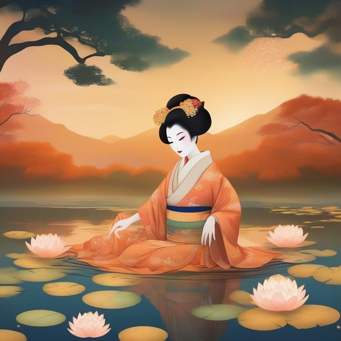 Dyk ner i den lugna skönheten i denna animebakgrund som visar en geisha bland en livlig lotusblomsträdgård, med en fantastisk solnedgång i bakgrunden.