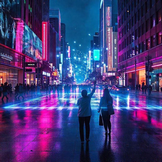 A futuristic cityscape at night, with neon lights reflecting off the wet pavement.