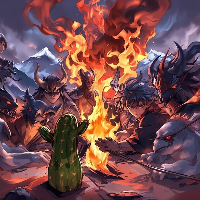 Immerse yourself in the vibrant world of mythical creatures with this captivating anime-style illustration. A group of yokai gather around a bonfire, their presence illuminated by the soft glow of the flames. The small cactus in the foreground adds a touch of whimsy to the scene, while the misty mountain range in the background creates a sense of depth and mystery. This illustration is a perfect blend of fantasy and adventure, inviting you to step into the enchanting realm of these mythical beings.