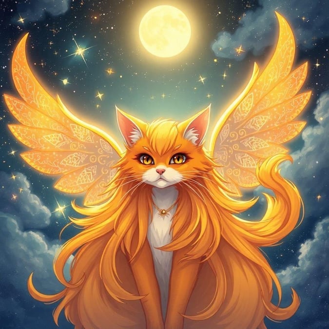 This enchanting anime-style illustration features a majestic cat goddess, her vibrant orange and yellow fur standing out against the starry night sky. The intricate details on her hair and wings add a touch of magic to the scene, making it a captivating wallpaper for desktop and mobile use.