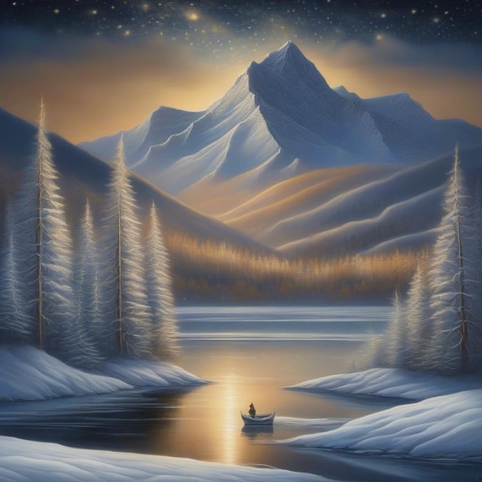 A tranquil winter scene featuring a serene mountainous landscape during the evening, with the reflection of the sunset on the calm lake waters. A single person in a boat adds a touch of life to the otherwise stillness.