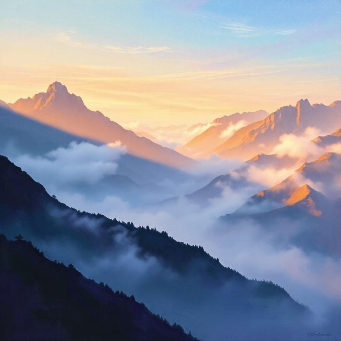 A serene view of a mountain range with misty valleys, illuminated by the warm glow of a sunset.