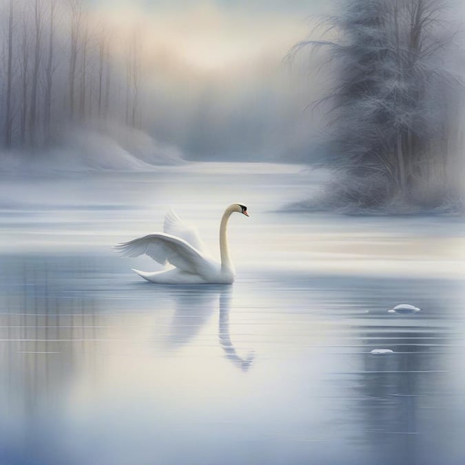 This serene winter scene features a majestic swan gliding across a frozen lake, surrounded by snow-covered trees and a soft, misty atmosphere.