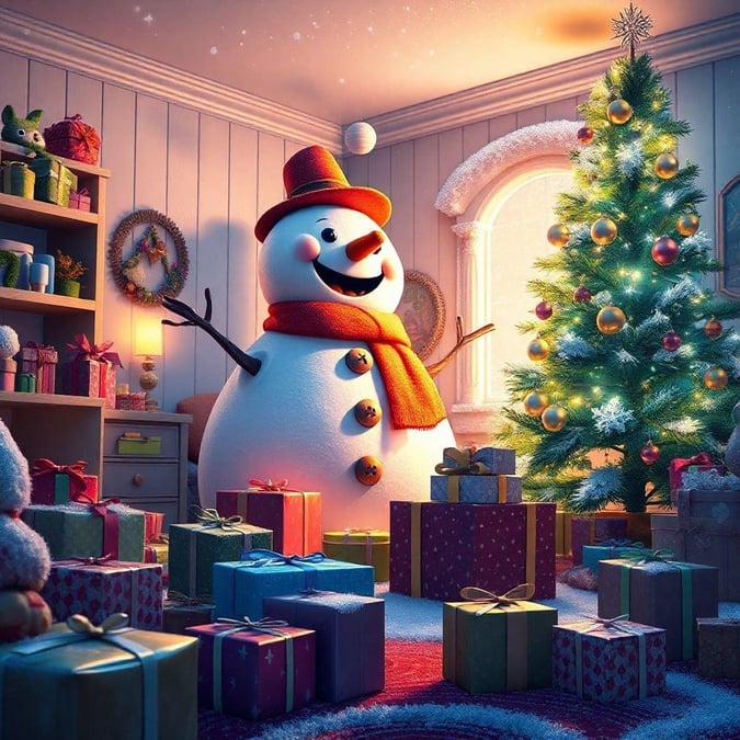 Embrace the holiday spirit with this festive wallpaper featuring your favorite snowman, Frosty. He's celebrating Christmas by a beautifully decorated tree in his cozy room.