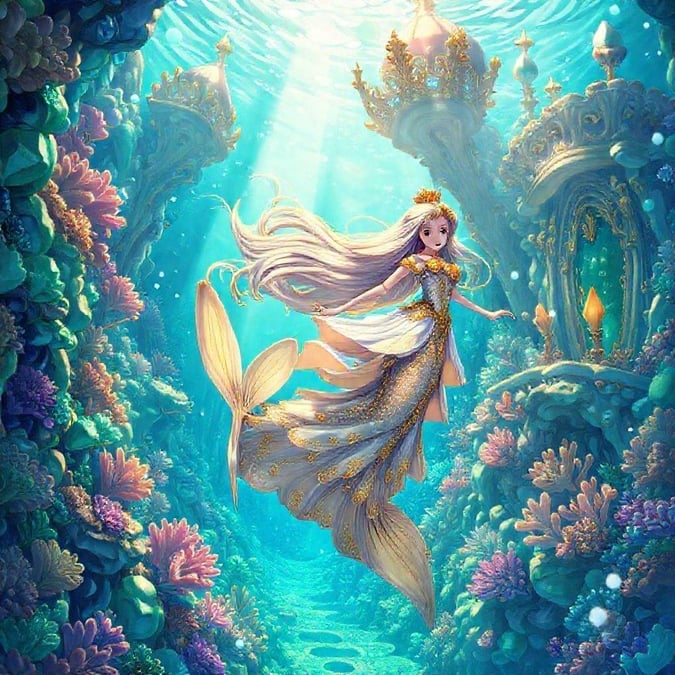 Sumérgete en el encantador mundo de una princesa submarina, donde los castillos de coral brillan como piedras preciosas. Su cabello y vestido están adornados con acentos dorados que capturan la luz mientras nada a través de un mar de tonos azules y verdes.