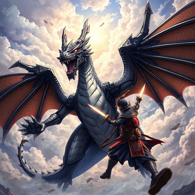 A dynamic battle scene between a mechanical dragon and a steampunk samurai, showcasing the dragon's intricate patterns and sharp claws.