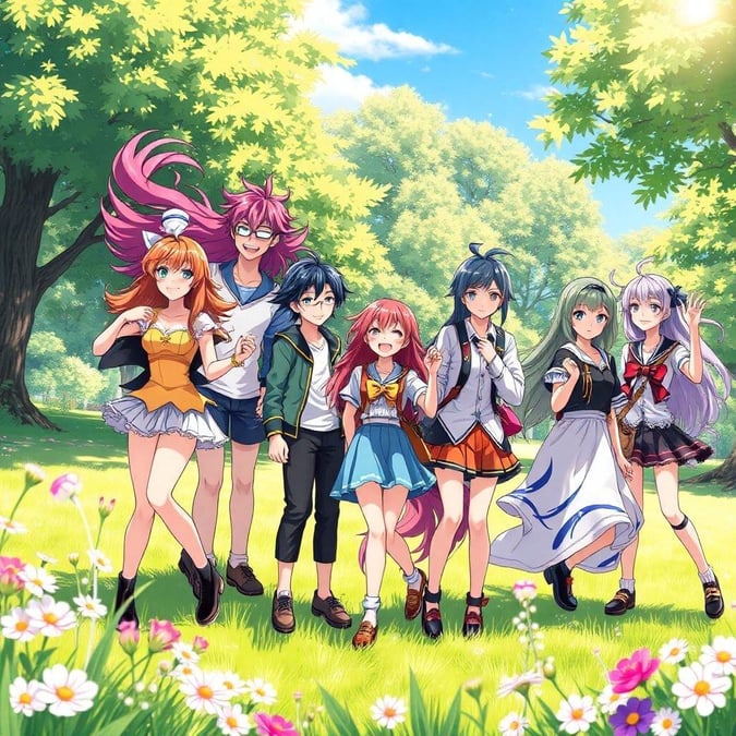 This wallpaper features a group of anime characters enjoying a day in the park. The characters are depicted in various poses, some sitting on benches, others walking or playing games. The park is filled with lush greenery and vibrant flowers, creating a lively and colorful atmosphere. The overall mood of the image is one of relaxation and joy, capturing the carefree spirit of a sunny day in the park.