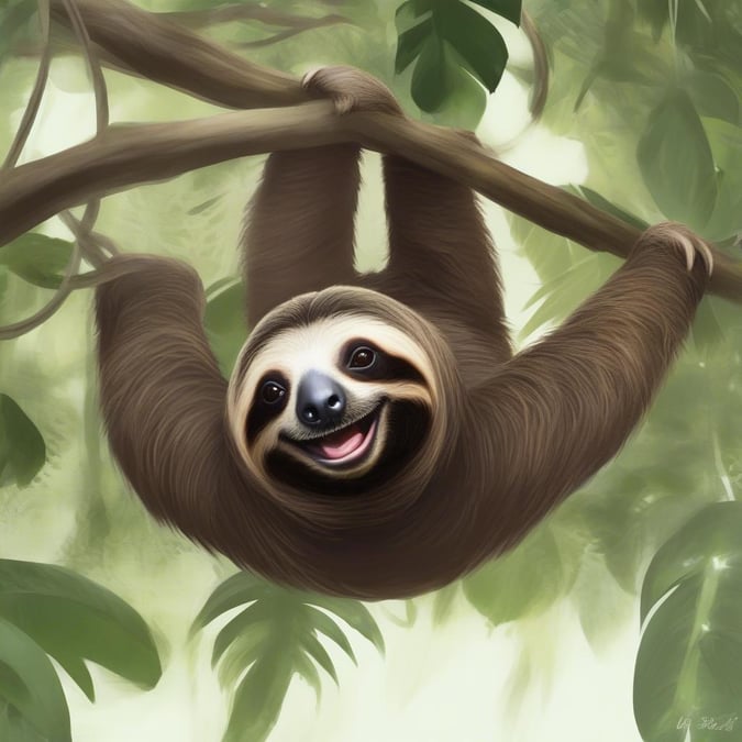 This adorable sloth is hanging upside down from a tree branch, surrounded by lush green leaves. The sloth's fur is soft and fluffy, and its eyes are bright and curious. The jungle background is full of vibrant colors and exotic plants, creating a peaceful and serene atmosphere.