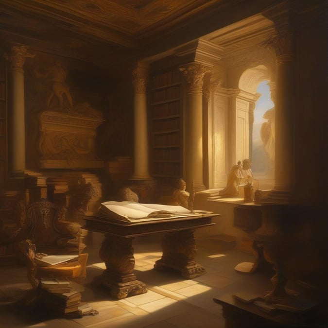 Step into a world of timeless knowledge with this captivating wallpaper featuring an ancient library. The image showcases a room filled with towering bookshelves, each one overflowing with leather-bound tomes and scrolls, while a large desk in the center of the room holds an open book and a quill pen, inviting you to explore the world of literature and learning. The warm, golden lighting and soft focus create a sense of nostalgia and wonder, making this image perfect for anyone who loves history, books, or simply appreciates the beauty of knowledge.