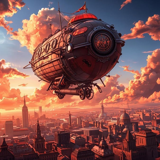 A stunning steampunk-inspired airship soars over a vibrant metropolis, capturing the essence of adventure and curiosity.