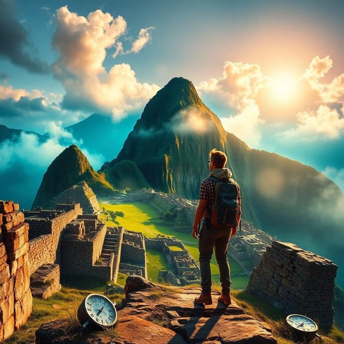 Exploring the ancient Incan ruins on a sunny day with clear skies, as seen from this high vantage point.