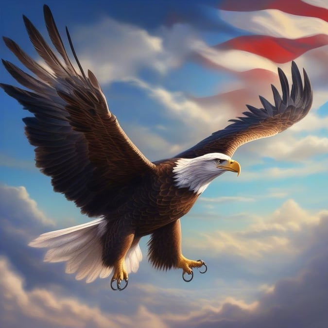 A majestic bald eagle soars against the backdrop of the American flag, symbolizing freedom and national pride.