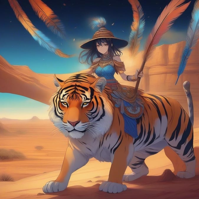 Dette fængslende anime-baggrundsbillede viser en ung krigerpige, der rider på en majestætisk tiger og udstråler en aura af fortryllelse og intriger. Ørkenlandskabet, prydet med varme farver og en mørk baggrund, skaber en visuelt imponerende scene.