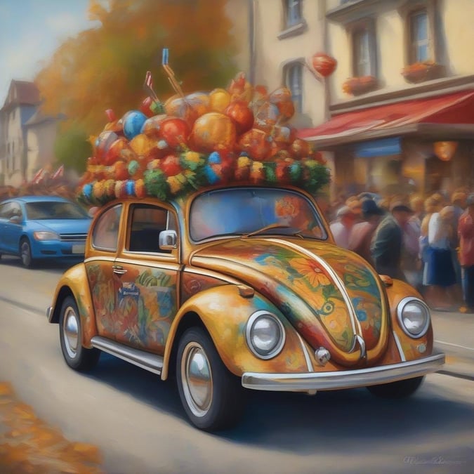 Get ready to party with this colorful Volkswagen Beetle, decked out in festive balloons and streamers, as it takes center stage at Oktoberfest.