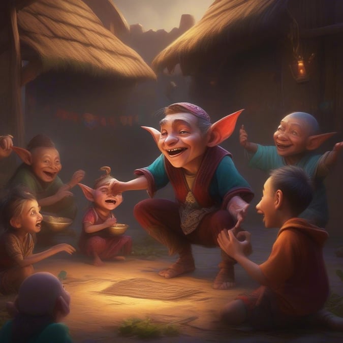 A lively scene of a small village with smiling dwarves gathered around a central figure, possibly sharing stories or laughter. The atmosphere is one of warmth and camaraderie, set against the backdrop of straw huts under the twilight sky.