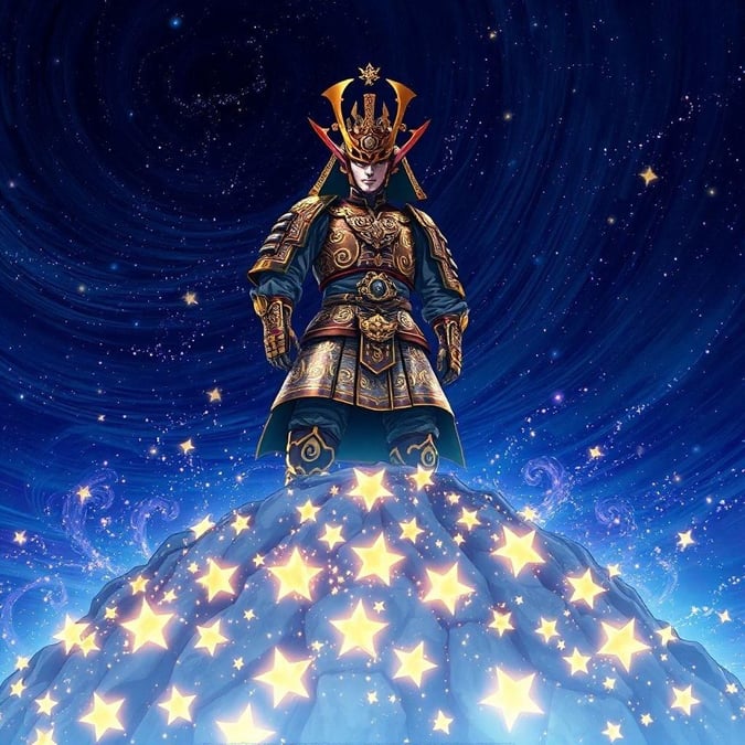 In the stillness of the night, under a starlit sky, a samurai stands tall. His body is a canvas of intricate patterns and his crown glistens in gold, reflecting the light of the stars. He gazes down upon the world with a commanding presence, embodying the spirit of an age long past.