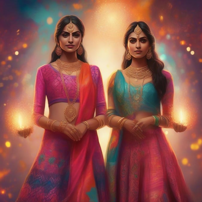 Two elegant Indian women celebrate the festival of lights, adorned in traditional attire and jewelry, radiating joy and warmth.