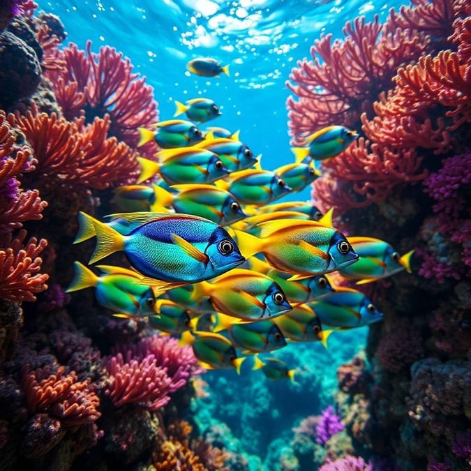 A stunning view of the ocean floor, teeming with colorful fish. Dive into a rich underwater ecosystem as you enjoy this mesmerizing wallpaper for your desktop or mobile devices.