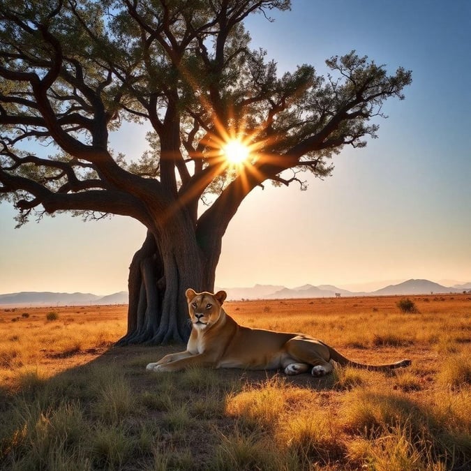 A majestic lion resting on the savanna with the warm glow of the setting sun creating a serene backdrop.