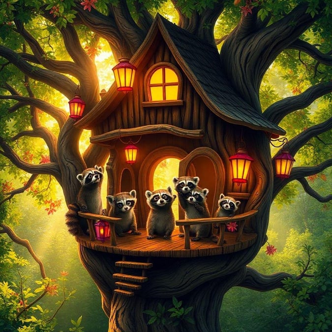 This adorable wallpaper features a group of raccoons gathered in a cozy tree house, surrounded by lush greenery and vibrant flowers. The image is perfect for anyone who loves animals and nature.