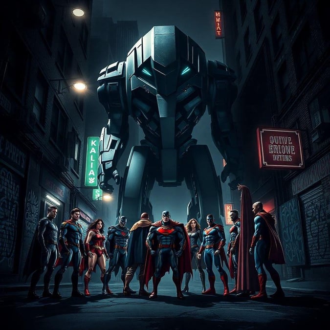 Dans cette œuvre d'art numérique, l'équipe classique de super-héros se réunit dans une rue de la ville la nuit. Batman, Superman, Wonder Woman, The Flash et Cyborg se tiennent unis contre une menace robotique intimidante.