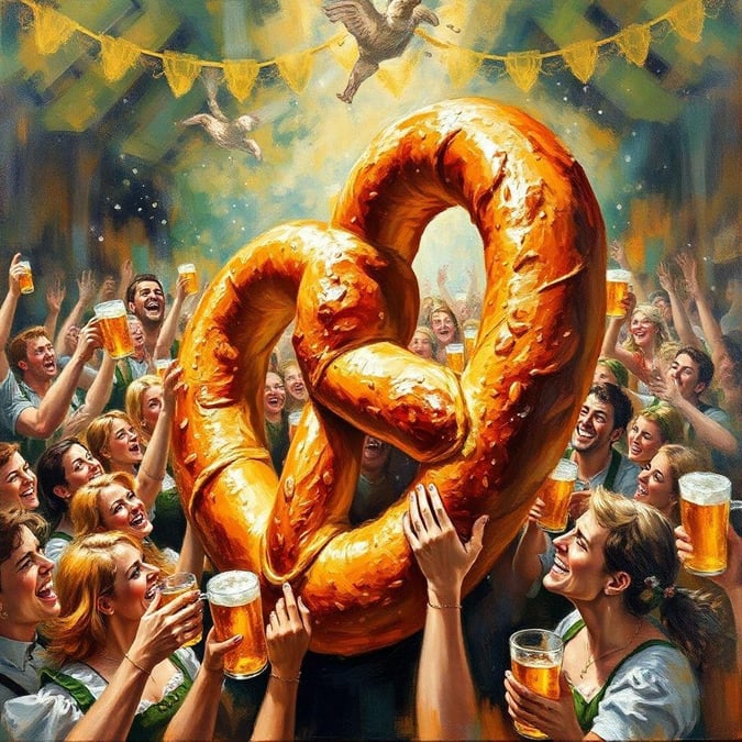 Get into the festive spirit with this vibrant Oktoberfest wallpaper, perfect for desktop and mobile use. The image captures the joy and excitement of the traditional German festival, with a large pretzel taking center stage. The crowd is cheering and having a great time, surrounded by the iconic beer steins and festive decorations. This wallpaper is sure to add a touch of fun and energy to any device.