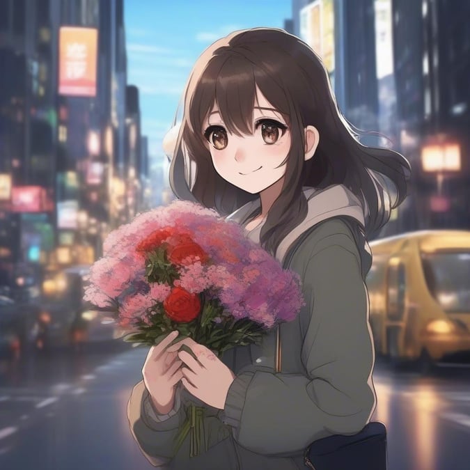 A cheerful anime girl holding flowers in the city, possibly celebrating a special occasion.