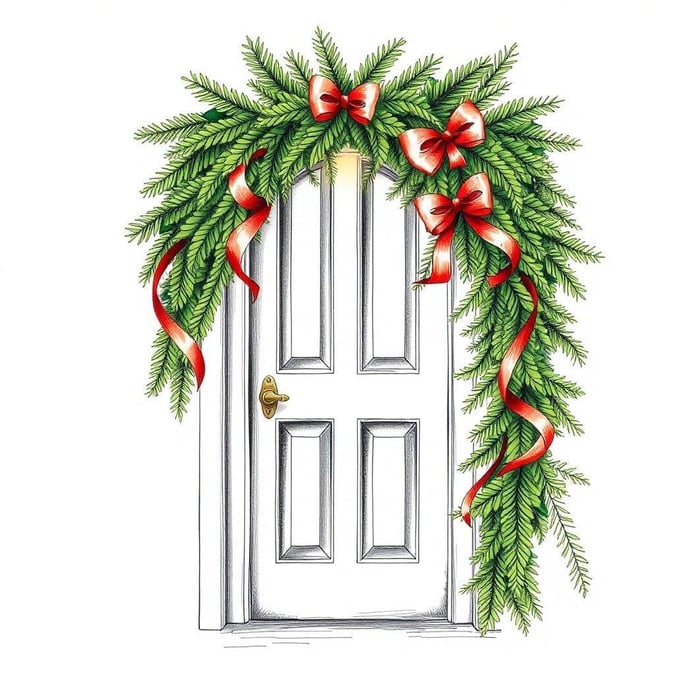 This beautiful Christmas door wallpaper is perfect for adding a festive touch to your desktop or mobile device. The image features a white door adorned with a lush green wreath and red ribbons, creating a cozy and inviting atmosphere.