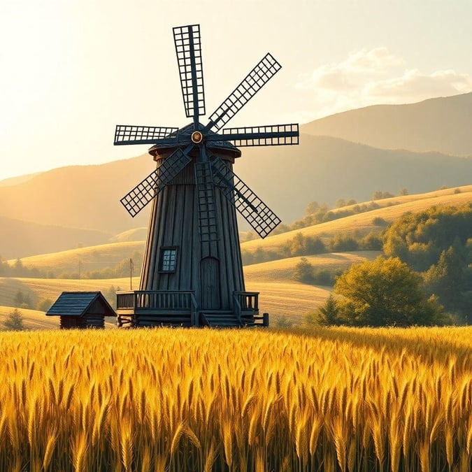 This picturesque scene captures the essence of traditional rural life, featuring a windmill amidst a field of golden crops. The windmill adds a touch of historical charm to the landscape, suggesting this could be a location associated with Oktoberfest celebrations.