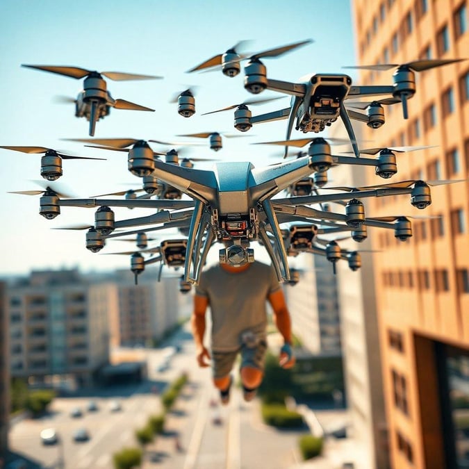 Take flight with the future of aerial technology. A man in motion against a city skyline backdrop, propelled by cutting-edge quadcopters.