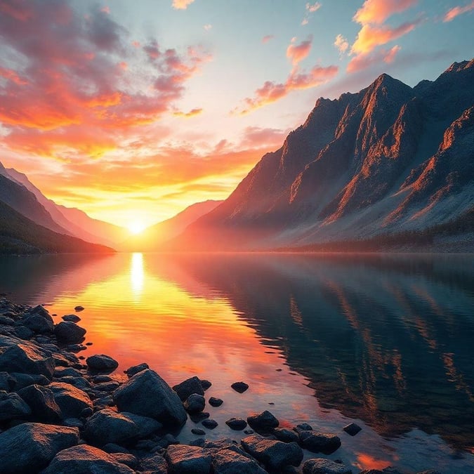 This breathtaking wallpaper captures the essence of a serene mountain sunset, perfect for desktop and mobile use. The image features a majestic mountain range set against a vibrant orange and yellow sky, creating a sense of calm and tranquility. The stillness of the lake in the foreground adds to the peaceful ambiance, making it an ideal choice for those seeking inspiration and wellness.