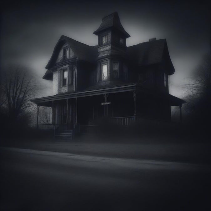 A grand, old-world mansion with multiple windows stands alone in the darkness of a cloudy night. The sprawling porch and towering roof hint at a house fit for gothic tales or classic horror stories.