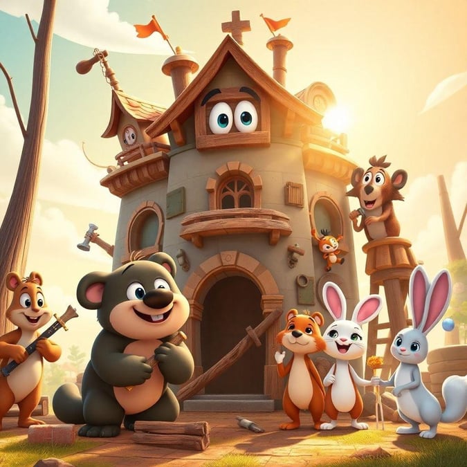 This delightful wallpaper features a group of adorable cartoon characters gathered in front of a cozy house, creating a heartwarming scene that's perfect for desktop and mobile use.