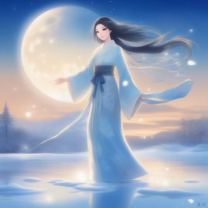 På en rolig vinternat glider Yuki-Onna, en sneprinsesse fra den gamle japanske folklore, yndefuldt over en frossen sø. Den kolde blå himmel er oplyst af en strålende måne, der kaster et eterisk skær over det fredelige landskab nedenfor. Hendes tilstedeværelse bringer et strejf af mystik til den sneklædte scene, som om hun hvisker hemmeligheder fra de gamle fortællinger, hun legemliggør.