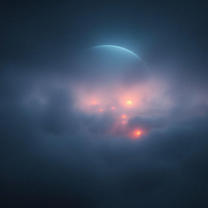 A fantastical nightscape where celestial bodies and cloud formations mingle in an ethereal dance.